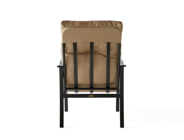 The Albany Dining Armchair, with a beige cushion and black metal frame, is displayed from the back against a plain white background, showcasing its vertical slat design.