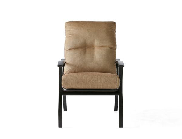 The Albany Dining Armchair showcases a front view with a beige cushion and black metal frame. It features a tall backrest and padded seat for comfort, combining minimalist design with simplicity and functionality.