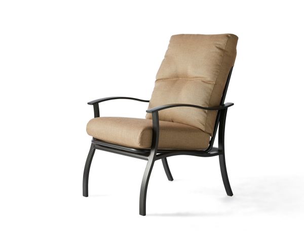 The Albany Dining Armchair is a cushioned outdoor chair featuring a black metal frame and beige upholstery. It includes curved armrests and a high backrest, making it ideal for patio use.