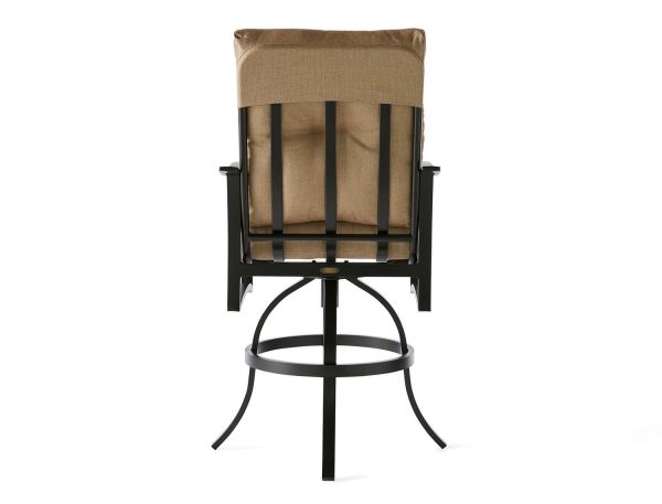 The Albany Bar Stool has a high-back swivel design with a black metal frame, light brown cushioned seat and backrest, vertical slats on the back, curved legs, and a circular footrest, shown from the rear view.