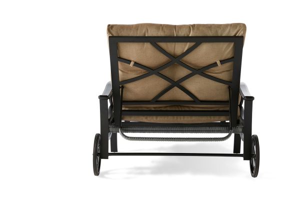 Back view of the Anthem Chaise Lounge and a Half, featuring a cushioned design with a metal frame and cross pattern. The chair is on wheels, set against a white background.