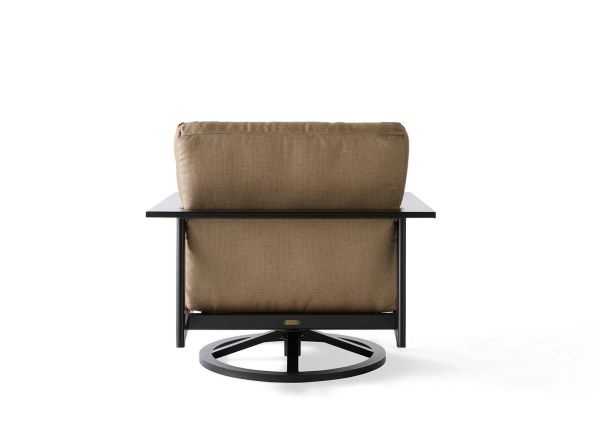 Back view of the Dakoda Cushion Swivel Rocking Lounge Chair with a brown cushion and black metal frame, featuring a circular swivel base on a plain white background.