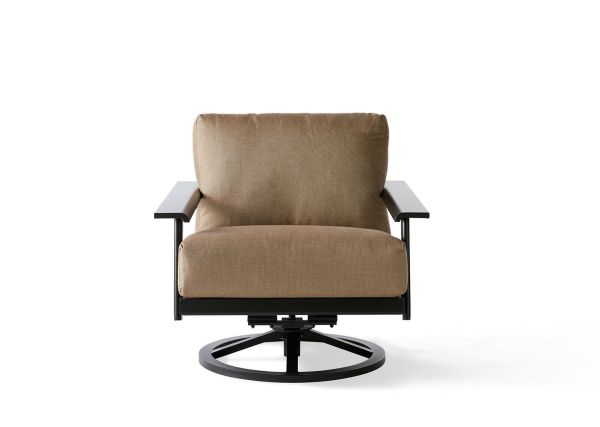 The Dakoda Cushion Swivel Rocking Lounge Chair features a minimalist design with a brown cushion, square seat and backrest, black armrests, and a metal base set against a plain white background.