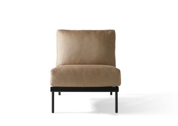 The Dakoda Cushion Armless Lounge Chair, with beige upholstery and cushioned backrest and seat, features four thin black metal legs and is set against a plain white background.