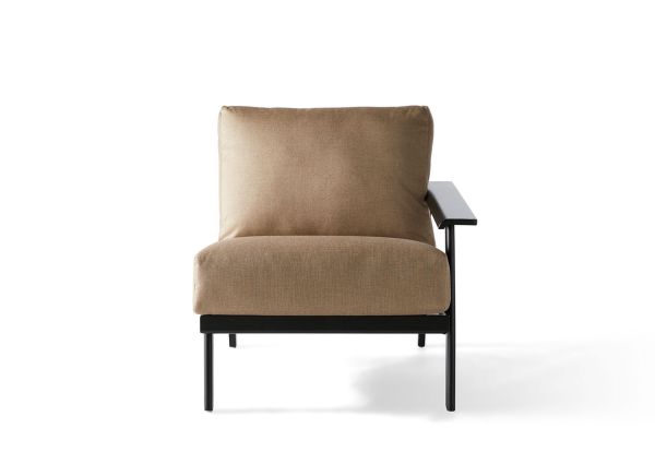 The Dakoda Cushion RAF Sectional End Unit showcases a modern armchair design with a beige cushion and black metal frame. It features a simple right-side armrest and minimalist aesthetics against a white background.