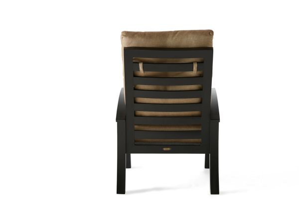 The Eclipse Dining Armchair features a back view of a dark wooden ladder-back design with beige cushioned seat and backrest, set against a plain white background.