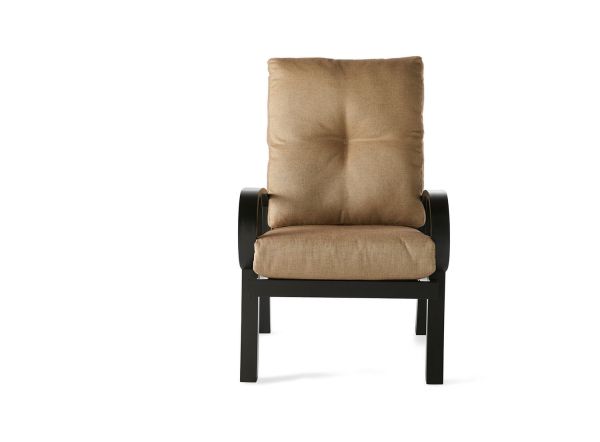 The Eclipse Dining Armchair, with a plush beige cushion and black modern frame, is showcased against a white background, highlighting its armrests and stylish comfort.