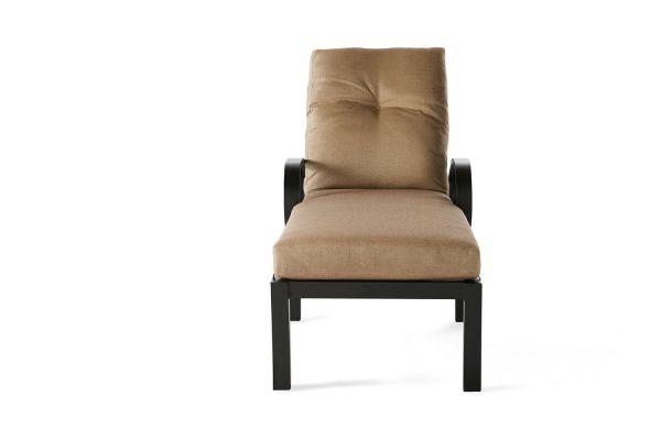 The Eclipse Chaise Lounge features a cushioned seat and backrest in brown padding with button tufting on a black metal frame. It includes an angled backrest and curved armrests, photographed against a white background.