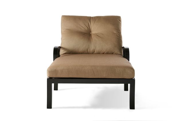 The Eclipse Oversized Chaise Lounge, a brown cushioned chair with a metal frame and curved armrests, is seen from the front against a white background.