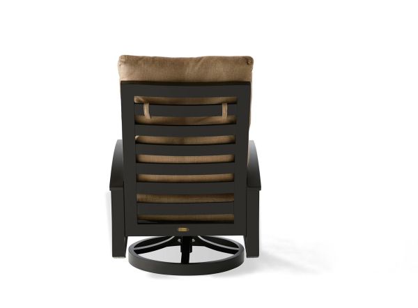 The Eclipse Swivel Rocking Dining Armchair features a back view with brown cushioning, a wooden slatted design, armrests, and a circular swivel base.