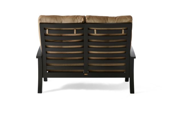 Back view of the Eclipse Love Seat, a two-seater wooden bench with a dark frame and tan cushions. It features a slatted design for a contemporary, clean look, with plush, comfortable cushions.