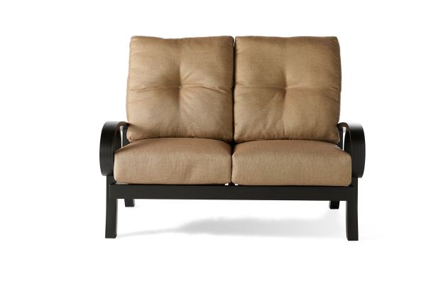 The Eclipse Love Seat is a two-seater with brown tufted cushions, curved armrests, and a black metal frame, set against a plain white background.