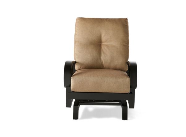 The Eclipse Spring Lounge Chair features a modern design with rounded, dark wooden armrests and legs. It has a single cushioned brown fabric seat and backrest, all set against a white background.