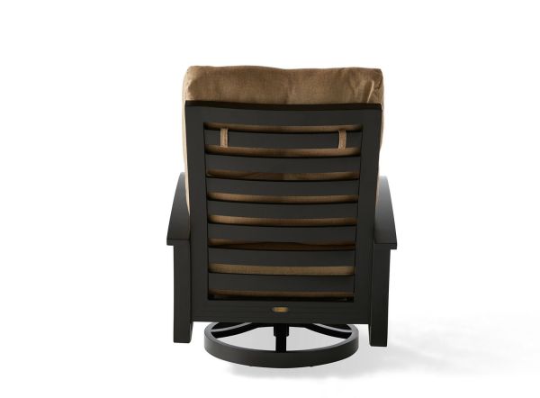 The Eclipse Spring Swivel Lounge Chair boasts a back view of a brown cushioned seat, showcasing a slatted wooden design on a circular base against a plain white background.