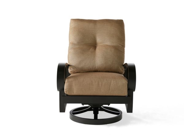 The Eclipse Spring Swivel Lounge Chair features brown cushions, a dark wooden frame, and rounded armrests, all set against a plain white background.