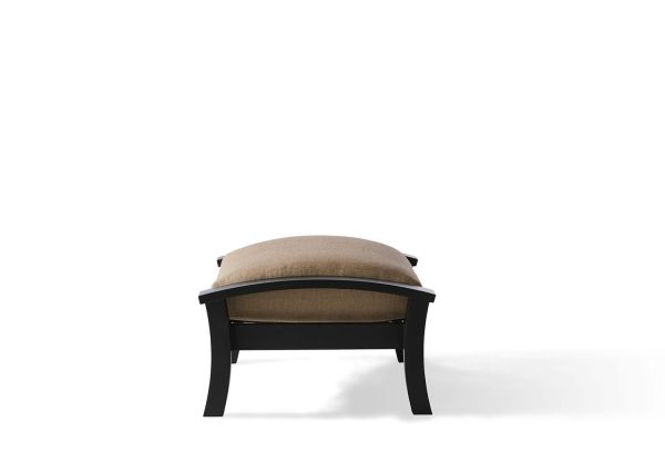 The Eclipse Ottoman features a front view of a padded beige cushion with a dark wooden frame. Its legs are slightly curved, and it rests against a plain white background.