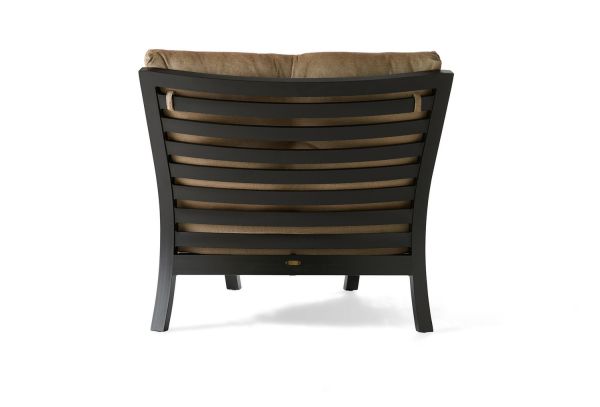 Rear view of the Eclipse Armless Chair featuring horizontal wooden slats and a brown cushioned backrest, set against a plain white background to highlight its design and structure.