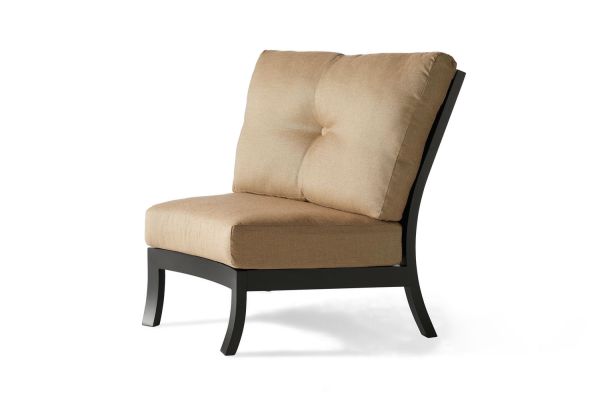 The Eclipse Armless Chair features a minimalist design with a black wooden frame and beige upholstered cushions on the seat and backrest. Its modern style is complemented by slightly curved legs.