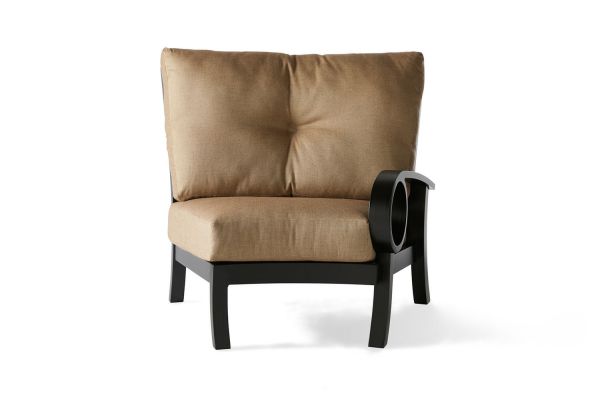 The Eclipse RAF Sectional End Unit is a modern armchair with a light brown cushion and dark wooden frame, featuring a unique circular armrest on one side. The plush seat and cushioned backrest complement each other against the white background.