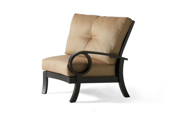 The Eclipse RAF Sectional End Unit features a cushioned, tufted tan seat and backrest. It boasts a dark wooden frame with curved armrests forming circular shapes and is set against a plain white background.