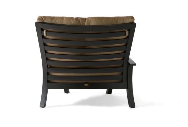 Back view of the Eclipse LAF Sectional End Unit, featuring a dark wooden frame with a slatted design and brown cushions, isolated on a white background to highlight its elegant and simple construction.