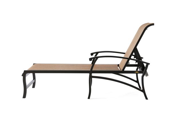 Side view of the Georgetown Sling Chaise Lounge, showcasing its black metal frame and tan mesh fabric. This outdoor chair includes armrests and an adjustable backrest, ideal for comfortable seating or reclining.