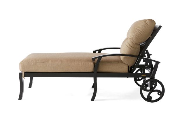 The Georgetown Cushion Chaise Lounge is a beige outdoor lounge chair with a black metal frame, featuring an adjustable backrest and two rear wheels for easy mobility.