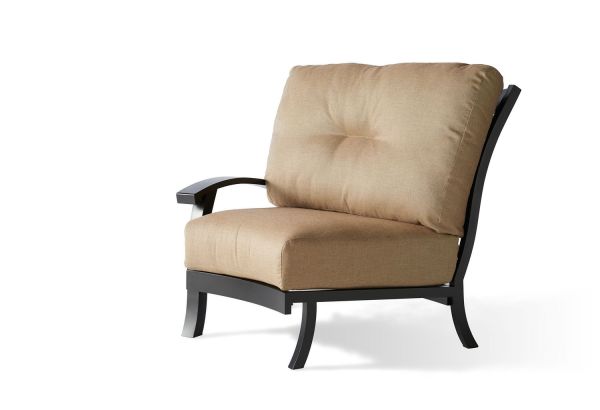 The Georgetown Cushion LAF Sectional End Unit is a tan cushioned armchair with a black metal frame, featuring a slightly reclined backrest and curved armrests. Its plush upholstery offers a cozy look against a plain white background.