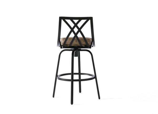 The M Series Armless Bar Stool features a black metal frame, a geometric crisscross backrest design, and a round cushioned seat. It stands on four legs connected by a circular footrest, all displayed against a white background.