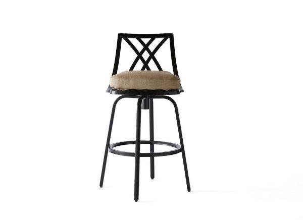 The M Series Armless Bar Stool boasts a black metal frame with a cross-patterned backrest, a round beige cushioned seat, and a circular footrest for a modern and chic look.