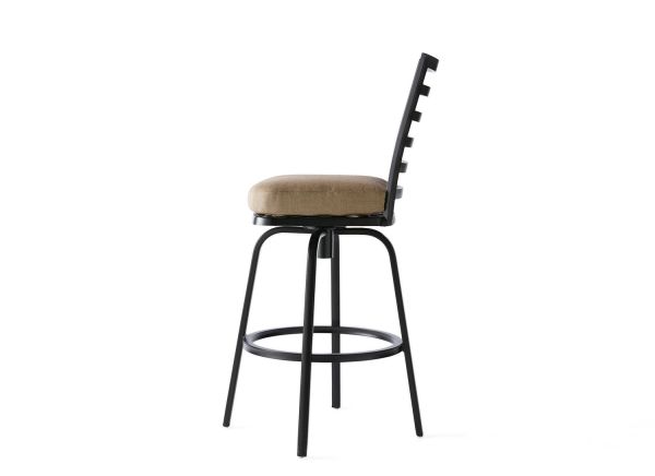 The M Series Armless Bar Stool is a sleek, modern piece with a black metal frame, beige cushioned seat, circular footrest, and tall slatted backrest.