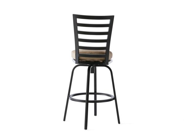 The M Series Armless Bar Stool is crafted in black metal with a ladder-back design and features a beige cushioned seat, circular footrest, and four legs.