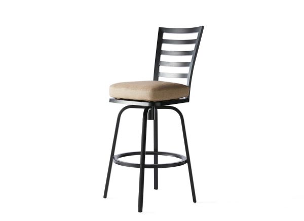 The M Series Armless Bar Stool features a black metal frame with a ladder-back design, a cushioned beige seat, and four legs linked by a circular footrest.