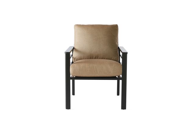 Front view of the Sarasota Cushion Dining Armchair, featuring beige cushions and a black metal frame with straight armrests. It boasts a simple, modern design set against a minimalistic plain white background.