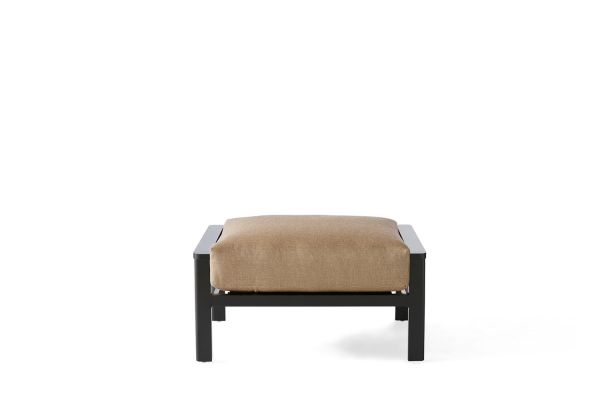 Sarasota Cushion Ottoman featuring a brown cushioned top and black wooden frame, displayed on a plain white background.