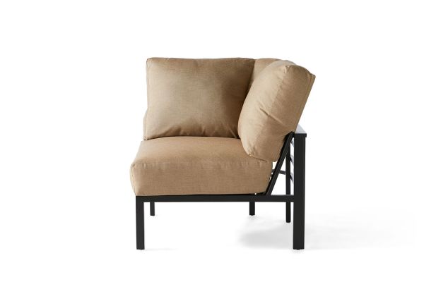 A Sarasota Cushion Corner Chair with a metal frame and brown cushions, including a backrest and side cushion for added comfort, sits on a white background.