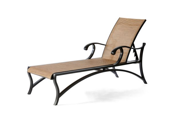 The Volare Sling Adjustable Chaise Lounge is a brown outdoor chair with a metal frame and curved armrests, featuring a sleek design with a woven seat and backrest. It offers adjustable reclining positions and sits on four sturdy legs.