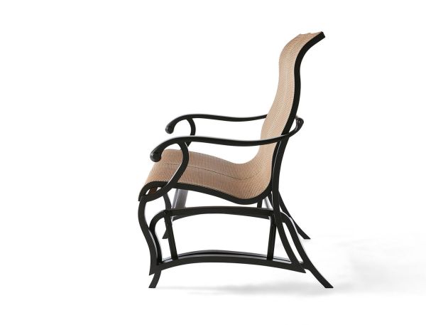 The Volare Sling Love Seat Glider showcases a side view with a sleek black metal frame, curved armrests and legs, and a light tan woven seat and backrest, blending modern and traditional design.