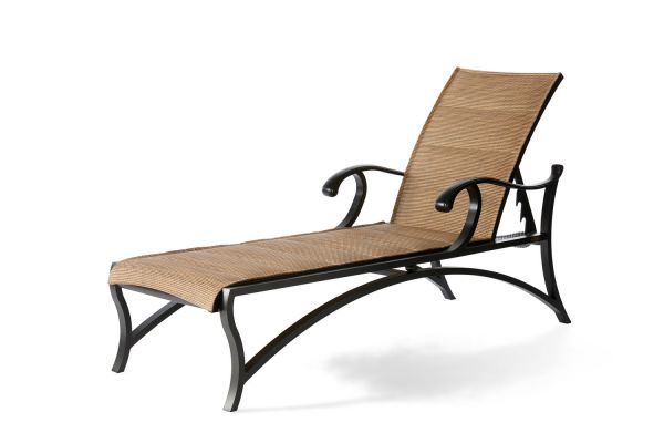 The Volare Padded Sling Adjustable Chaise Lounge is a brown, woven chair with a curved black metal frame and armrests. Its rattan-like seat and backrest provide an elegant, modern look, casting a subtle shadow on the plain white background.