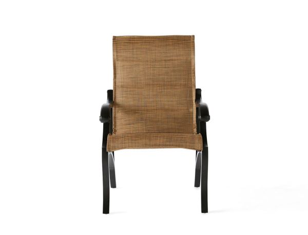 A front view of the Volare Padded Sling Dining Armchair features a wicker design with black metal legs and armrests, complemented by a brown woven backrest and seat, all set against a plain white background.