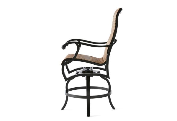 The Volare Padded Sling Swivel Counter Stool showcases a tall, elegant design with a metal frame, woven seat and backrest, curved armrests, and a sturdy circular base connecting the legs.