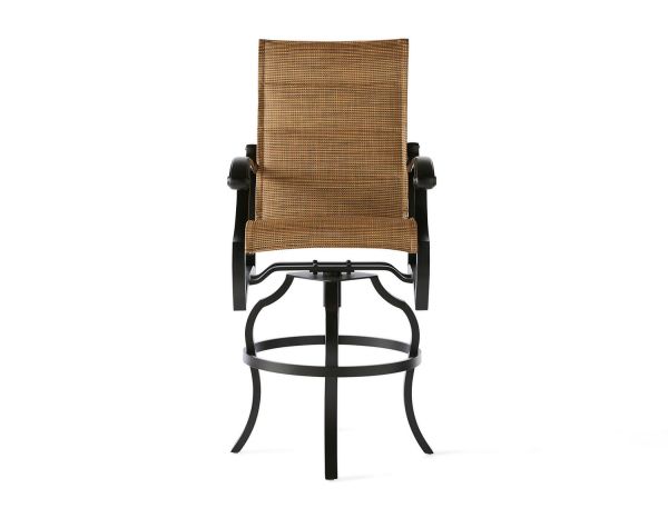 The Volare Padded Sling Swivel Bar Stool features a woven brown design with a high backrest, black metal armrests, circular footrest, and gently curving legs.