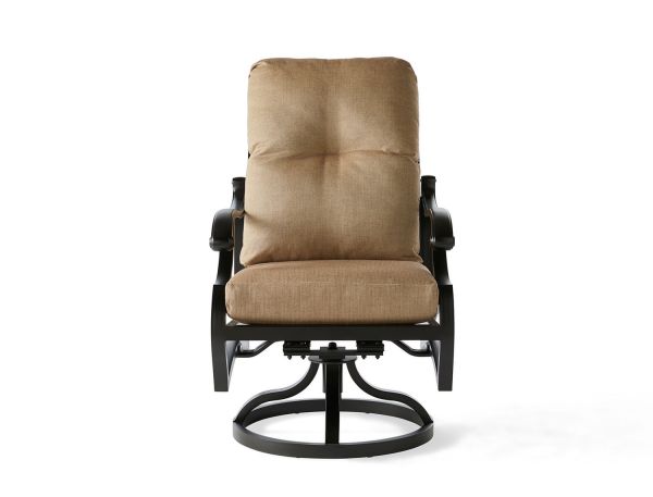 The Volare Cushion Swivel Rocking Dining Armchair, in brown with a metal base, is centered against a white background. It features a high backrest, armrests, and a circular base for rotating movement.