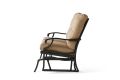 The Anthem Love Seat Glider is a beige cushioned outdoor loveseat with a black metal frame, featuring two tufted seat backs and a slatted base.