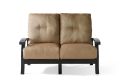 The Georgetown Cushion Love Seat, featuring beige cushions and a metal frame with armrests, is shown from the front against a plain white background.