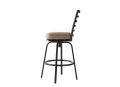 The M Series Armless Bar Stool is a tall, modern, and minimalist piece with a ladder-back design. It features a black metal frame, four slender legs, footrest, and a round beige cushioned seat.