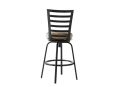The M Series Armless Bar Stool is a tall, modern, and minimalist piece with a ladder-back design. It features a black metal frame, four slender legs, footrest, and a round beige cushioned seat.
