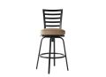 The M Series Armless Bar Stool is a tall, modern, and minimalist piece with a ladder-back design. It features a black metal frame, four slender legs, footrest, and a round beige cushioned seat.