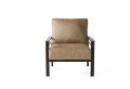 The Sarasota Cushion Lounge Chair features a brown fabric seat and backrest with a black metal frame, set against a plain white background.