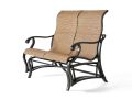The Volare Sling Love Seat Glider in brown features a front view of a metal frame and two fabric seats, set against a plain white background.